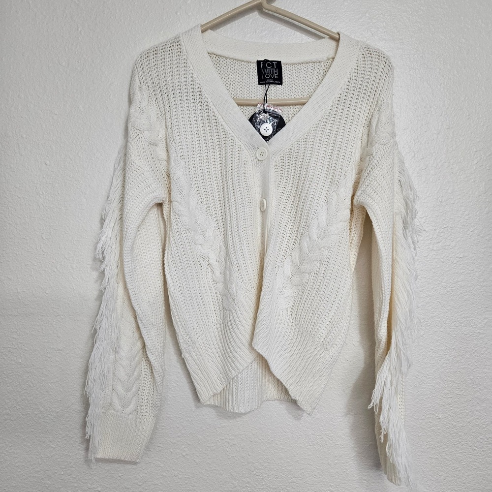 NWT FCT WITH LOVE Cream Cable Knit Fringe Sleeve Cardigan Sweater Small